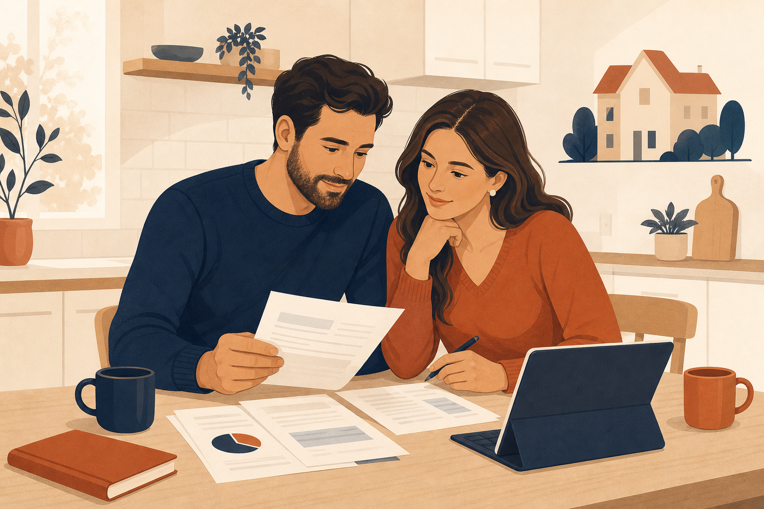 Couple comparant une assurance emprunteur et les garanties de prêt immobilier