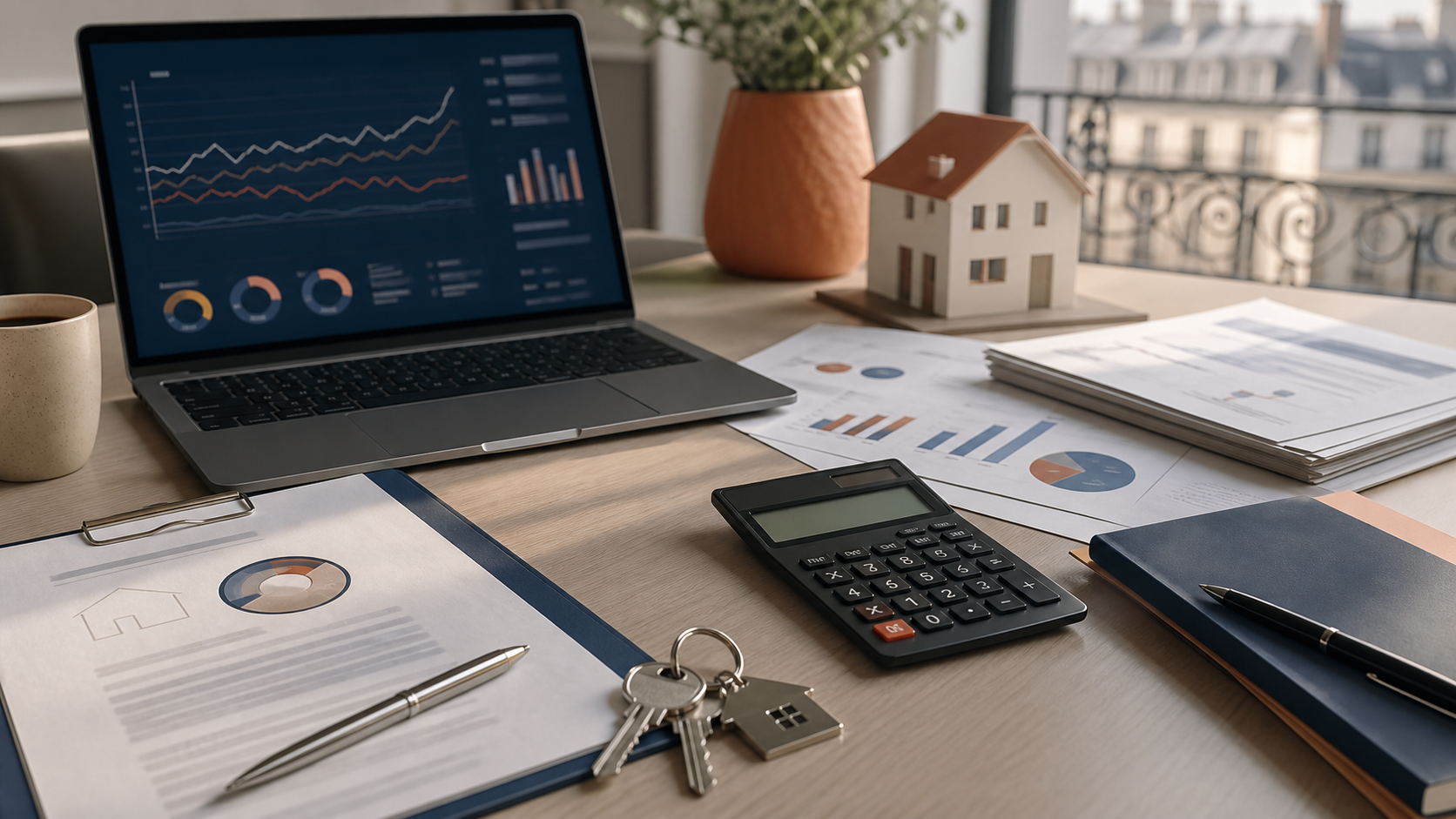 Baromètre des taux de crédit immobilier avec dossier bancaire et calculatrice.