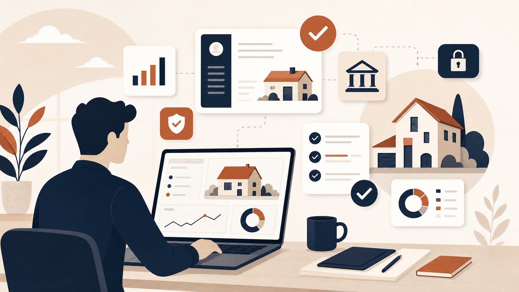 Emprunteur comparant un dossier de crédit immobilier auprès d’une banque en ligne.