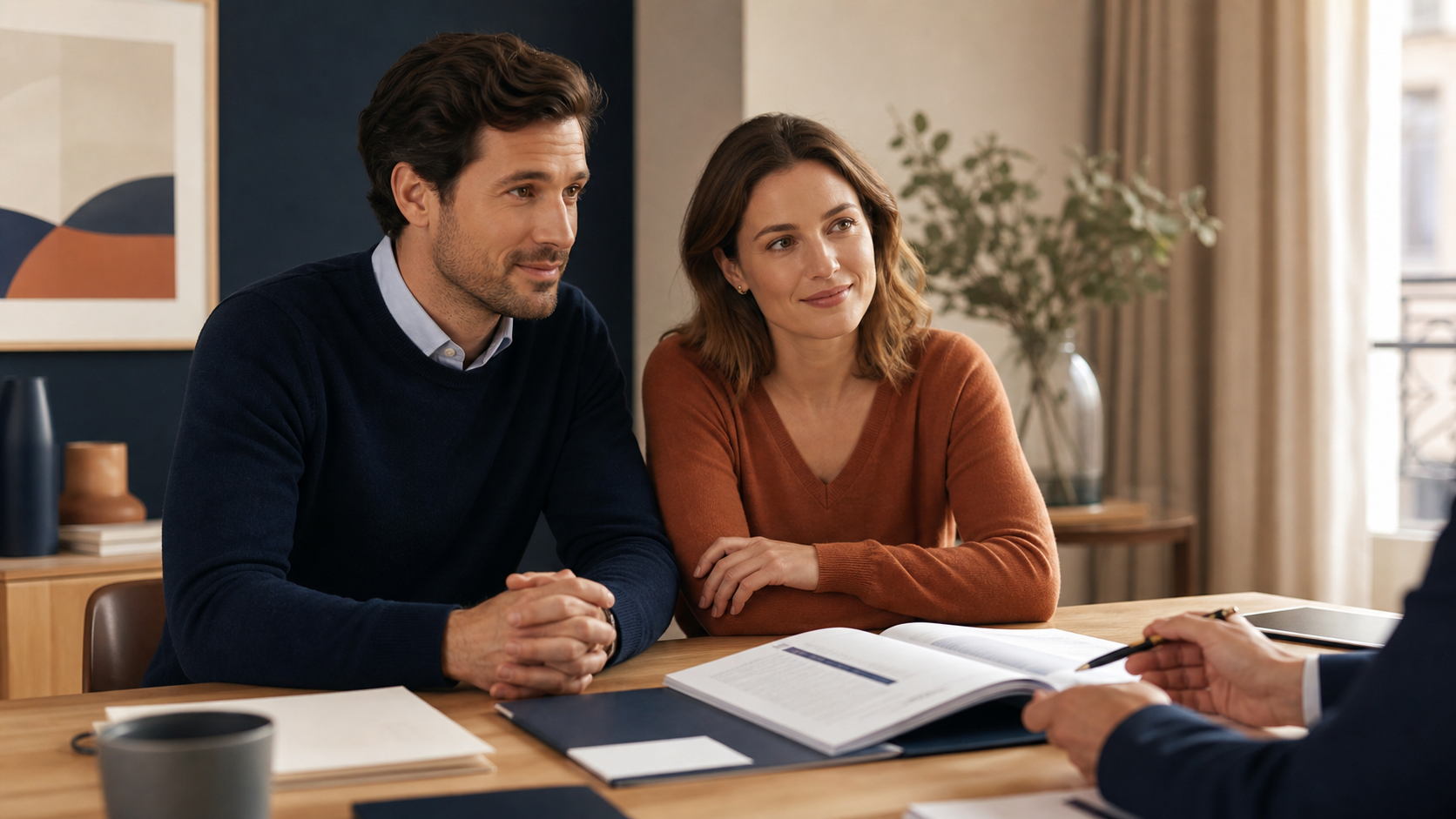 Couple étudiant un contrat d’assurance emprunteur pour un crédit immobilier