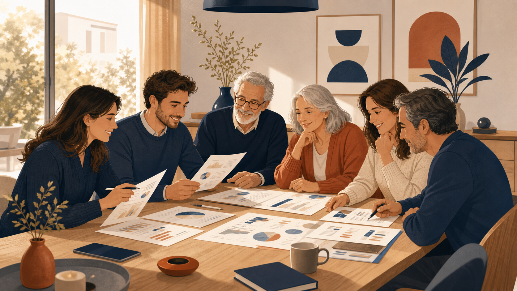 Famille préparant son budget santé et retraite autour de documents administratifs