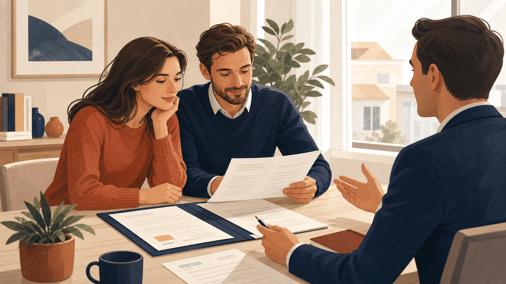 Couple consultant un contrat d’assurance emprunteur pour un crédit immobilier