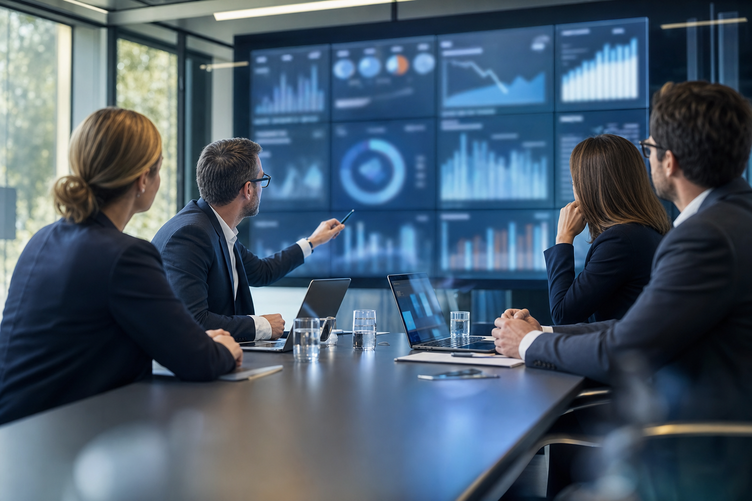 Professionnels de la santé et de l’assurance analysant des données de prévention dans un bureau lumineux.