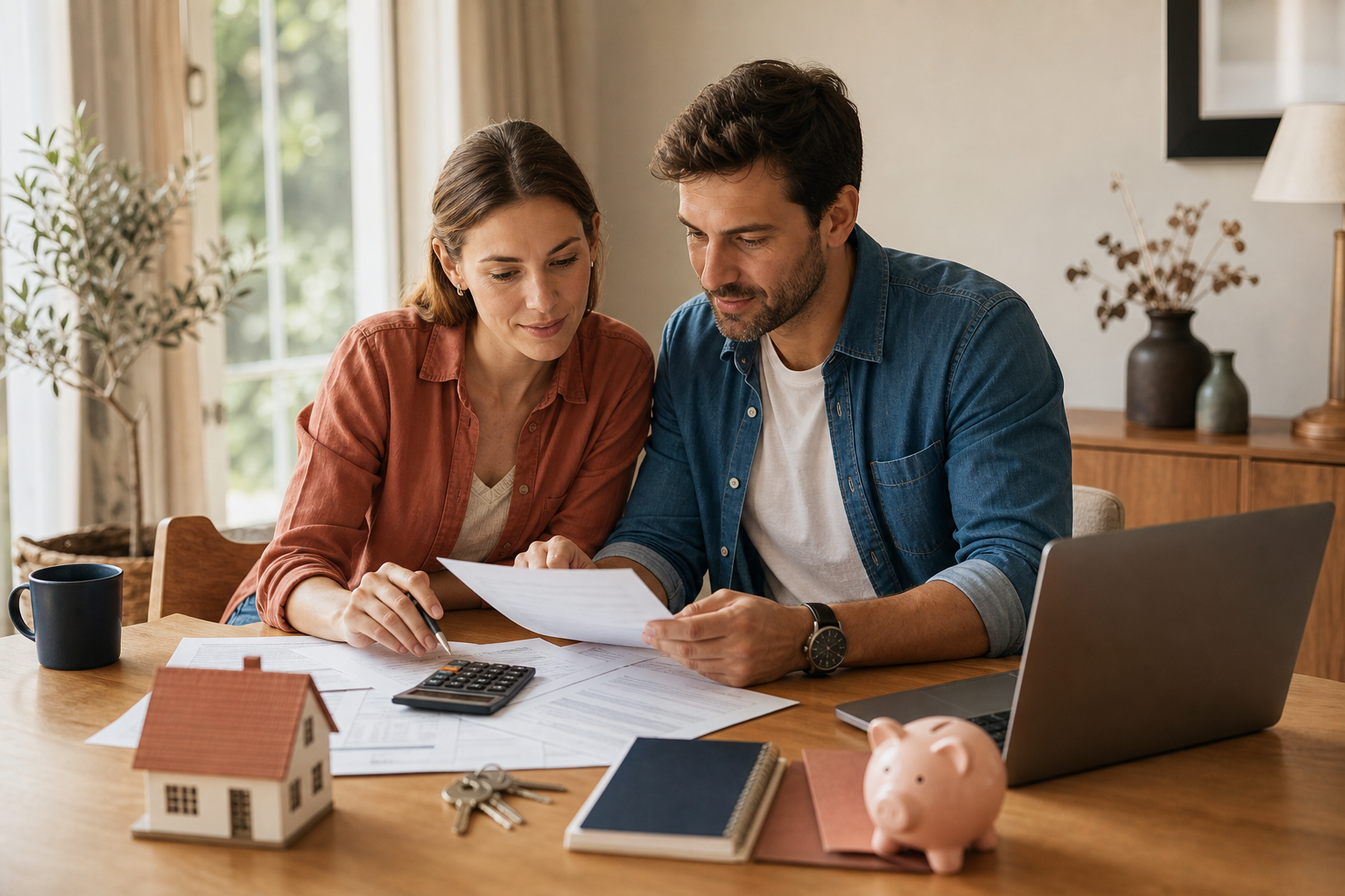 Couple arbitrant entre apport personnel et épargne de sécurité pour un crédit immobilier.