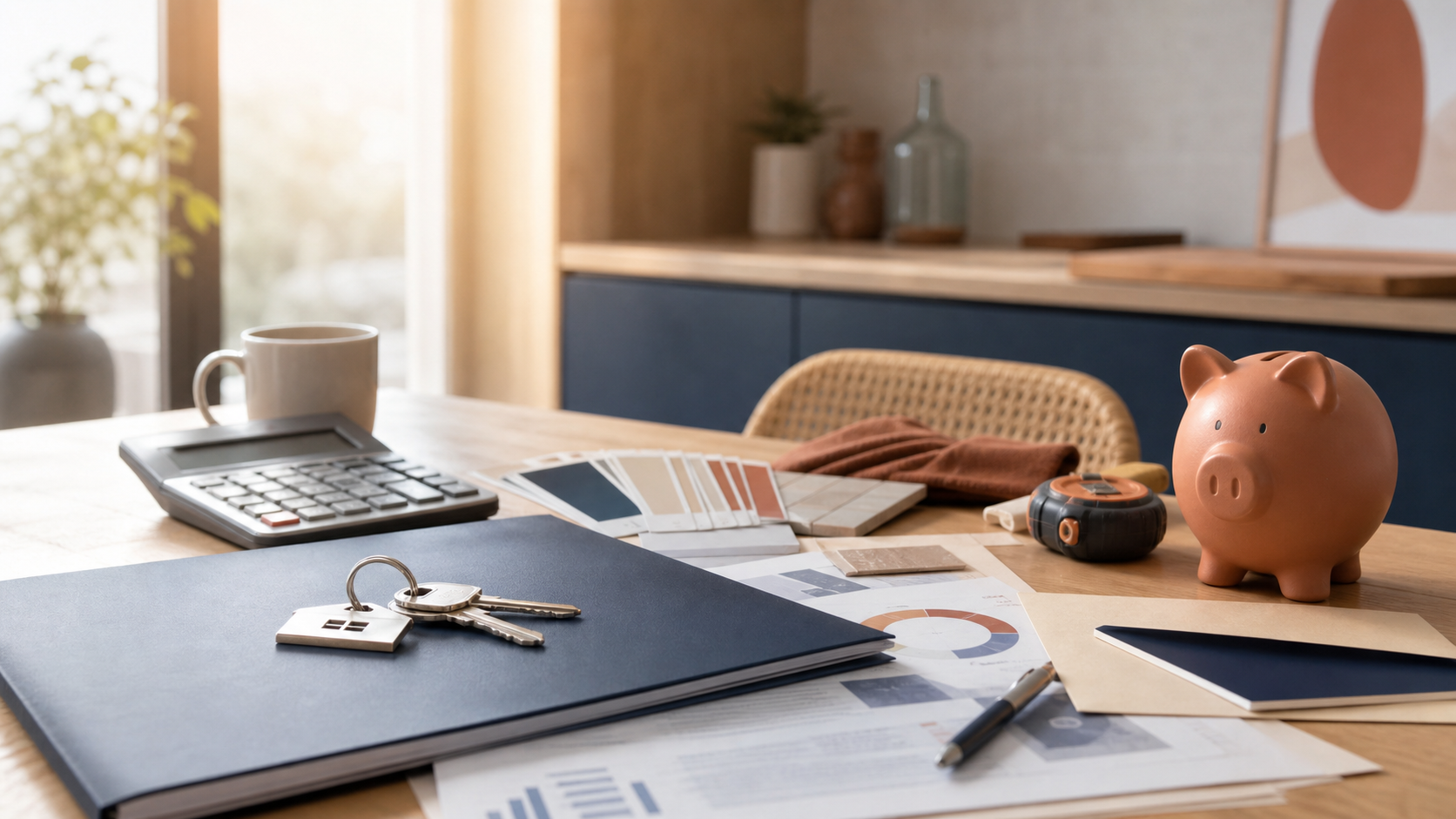 Dossier immobilier, calculatrice et clés pour préparer l’apport personnel et les frais annexes.