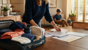 Parent préparant les documents d’assurance avant une colonie de vacances