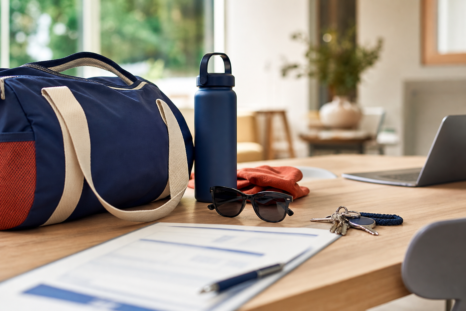 Dossier familial et sac de sport pour vérifier une assurance extrascolaire pendant l’été