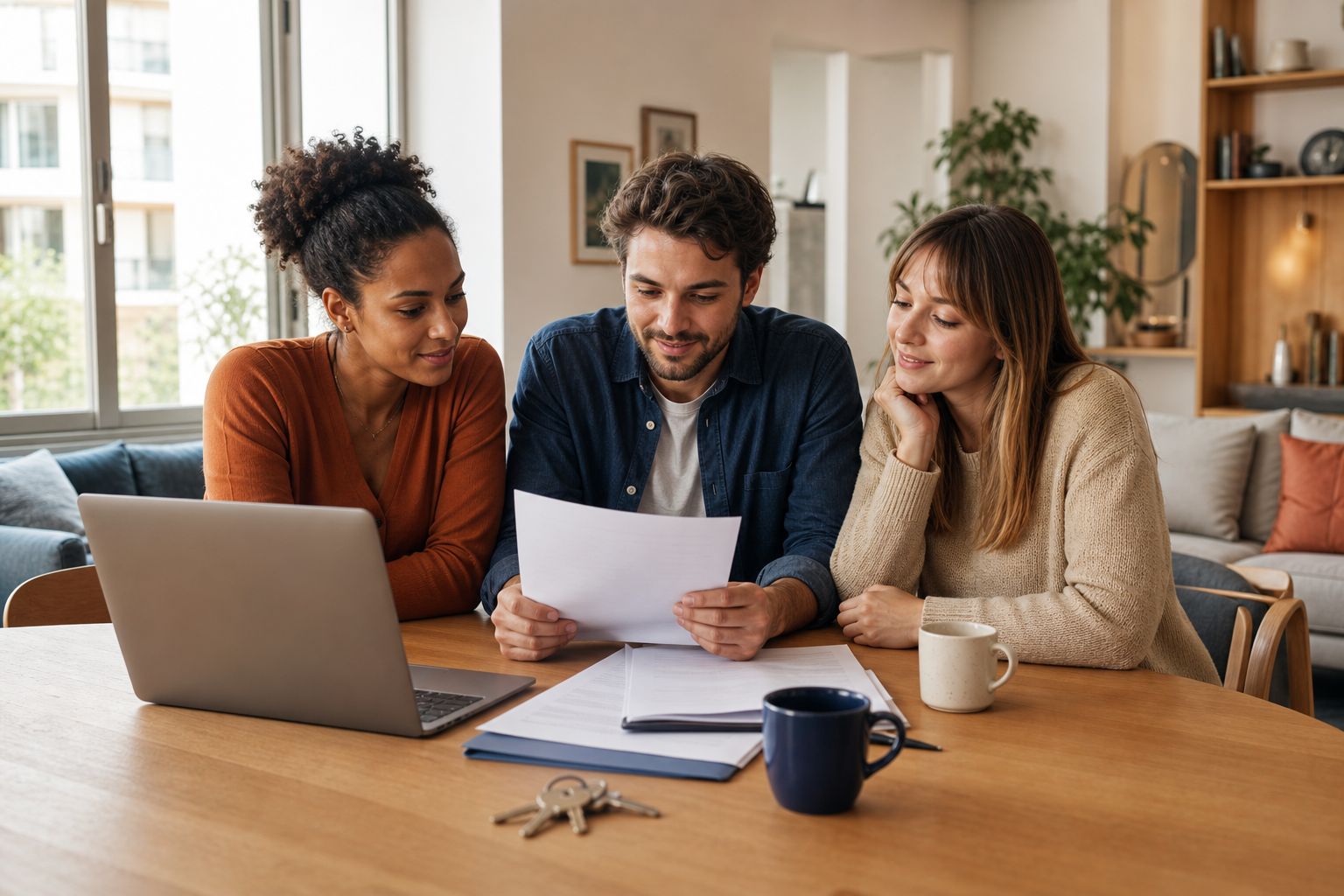Colocataires vérifiant un contrat d’assurance habitation dans un salon.