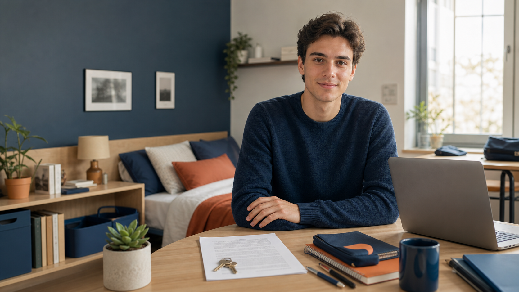 Étudiant dans un studio préparant son dossier d’assurance habitation avant la rentrée