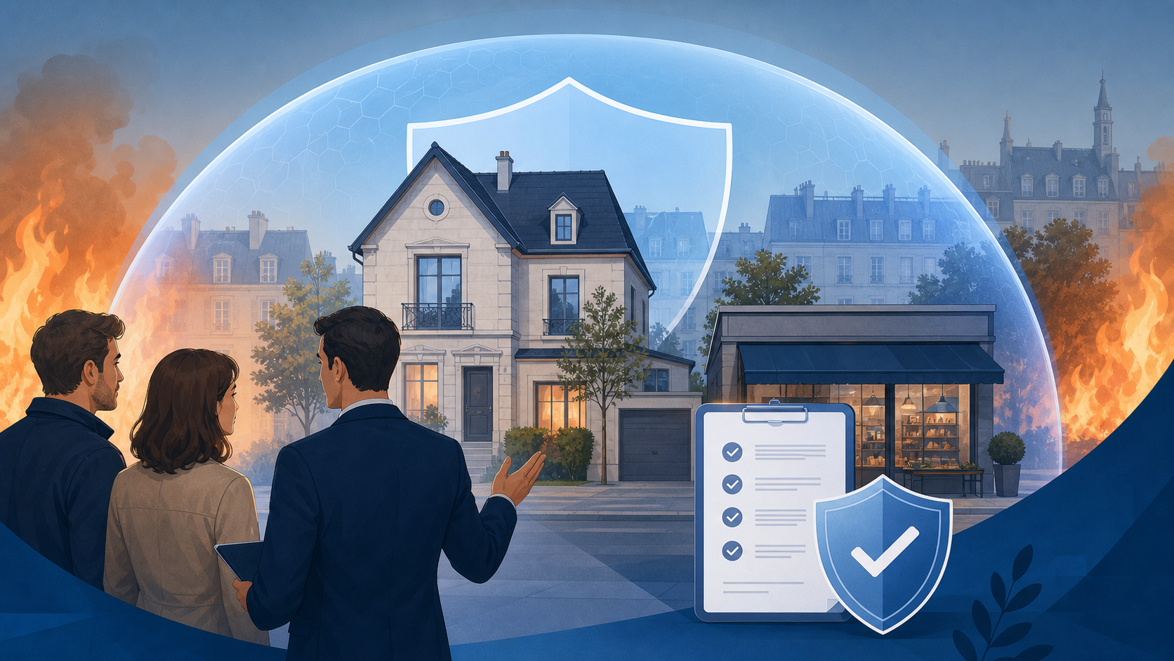 Illustration éditoriale sur l’assurance incendie, les garanties habitation et les locaux professionnels