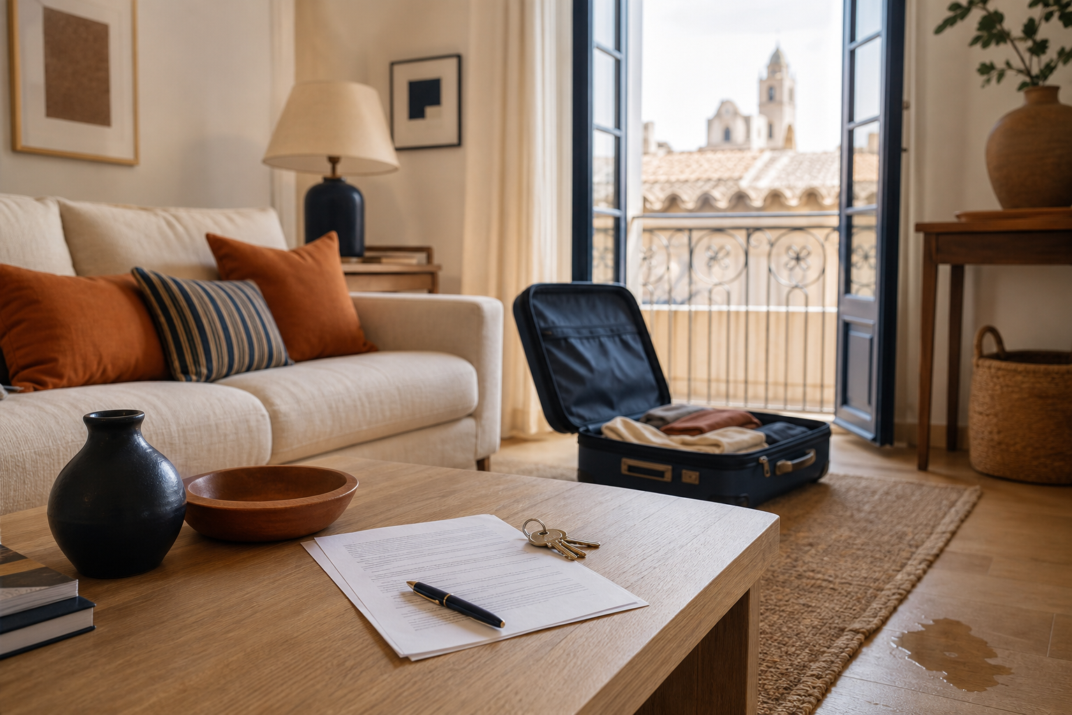 Salon de location de vacances avec valise et document d’assurance après un petit dégât accidentel.