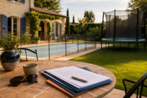 Jardin familial avec piscine sécurisée et trampoline, dossier d’assurance habitation sur une table