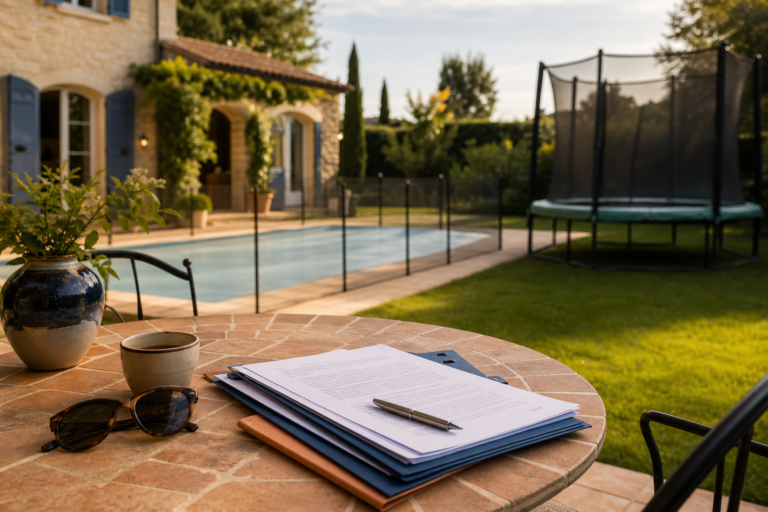 Jardin familial avec piscine sécurisée et trampoline, dossier d’assurance habitation sur une table