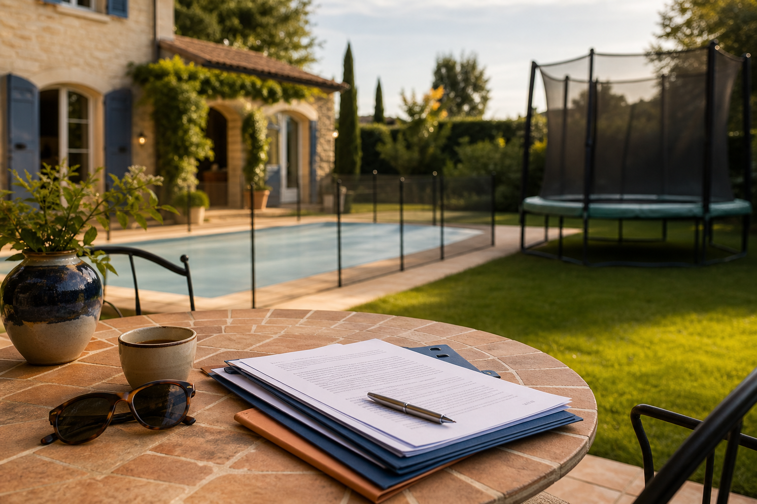 Jardin familial avec piscine sécurisée et trampoline, dossier d’assurance habitation sur une table