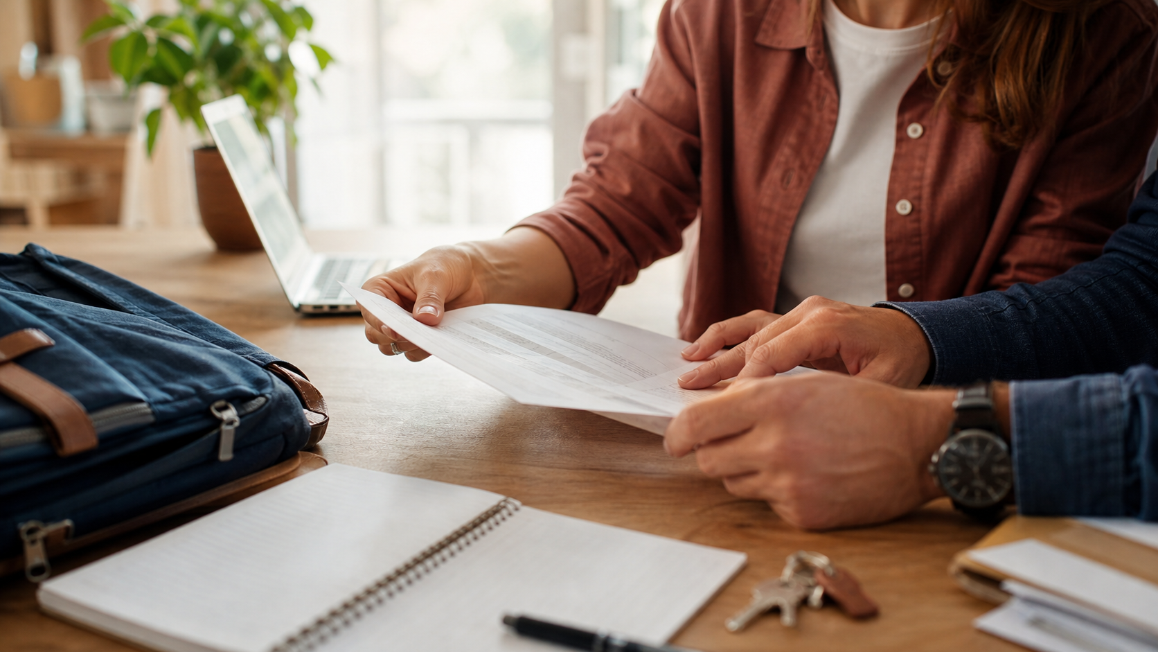 Parents vérifiant une attestation d’assurance scolaire avec cartable et documents sur une table.