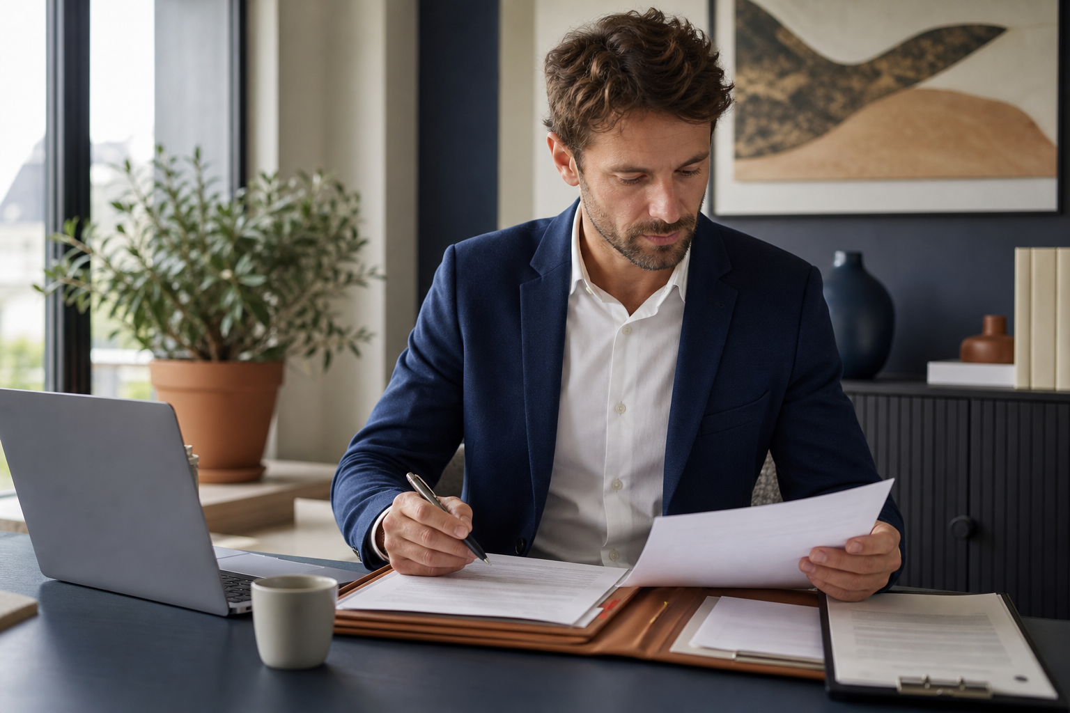 Auto-entrepreneur préparant un premier contrat client avec ses documents d’assurance professionnelle