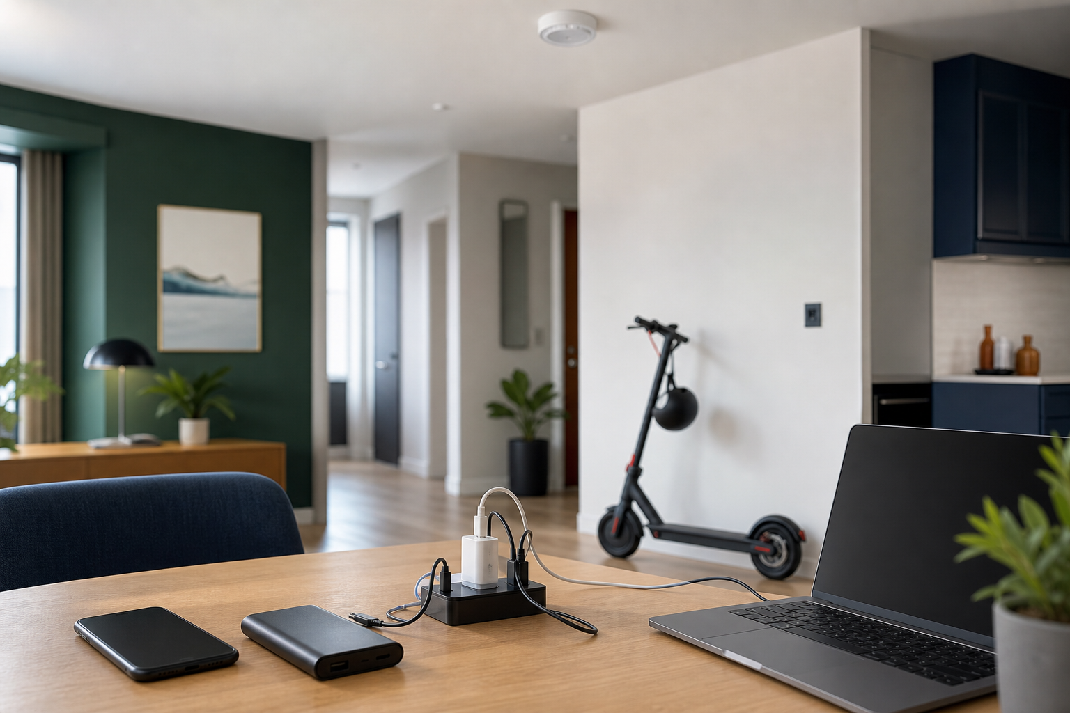 Illustration éditoriale de batteries lithium-ion et de prévention incendie dans un logement assuré