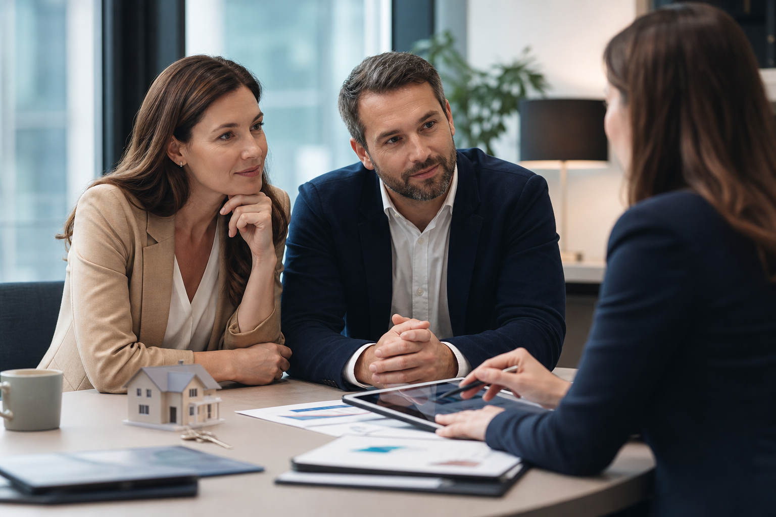 Conseillère bancaire et couple analysant un projet immobilier dans un bureau lumineux.
