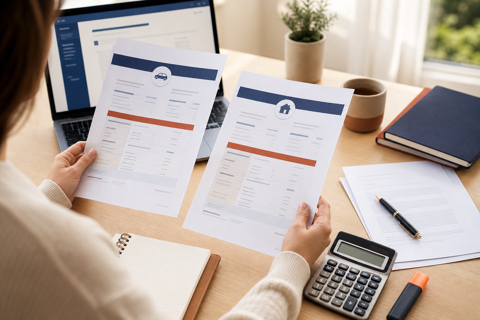 Personne comparant deux devis d’assurance avec garanties et franchises.