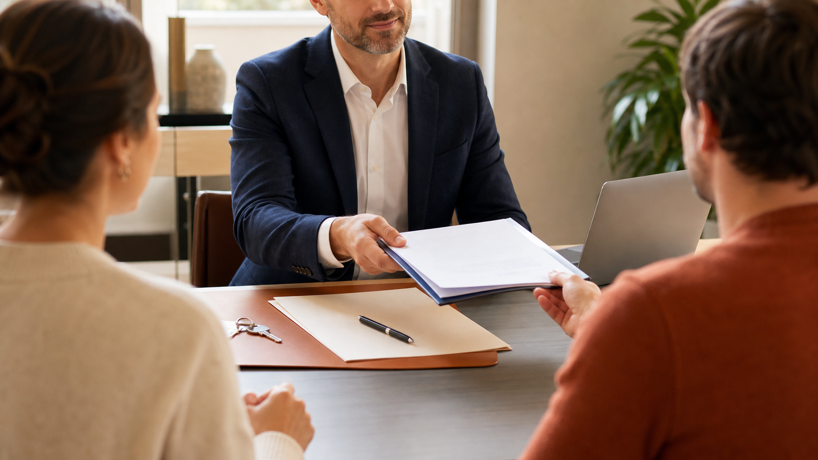 Acheteur immobilier examinant une condition suspensive de crédit avec un conseiller.