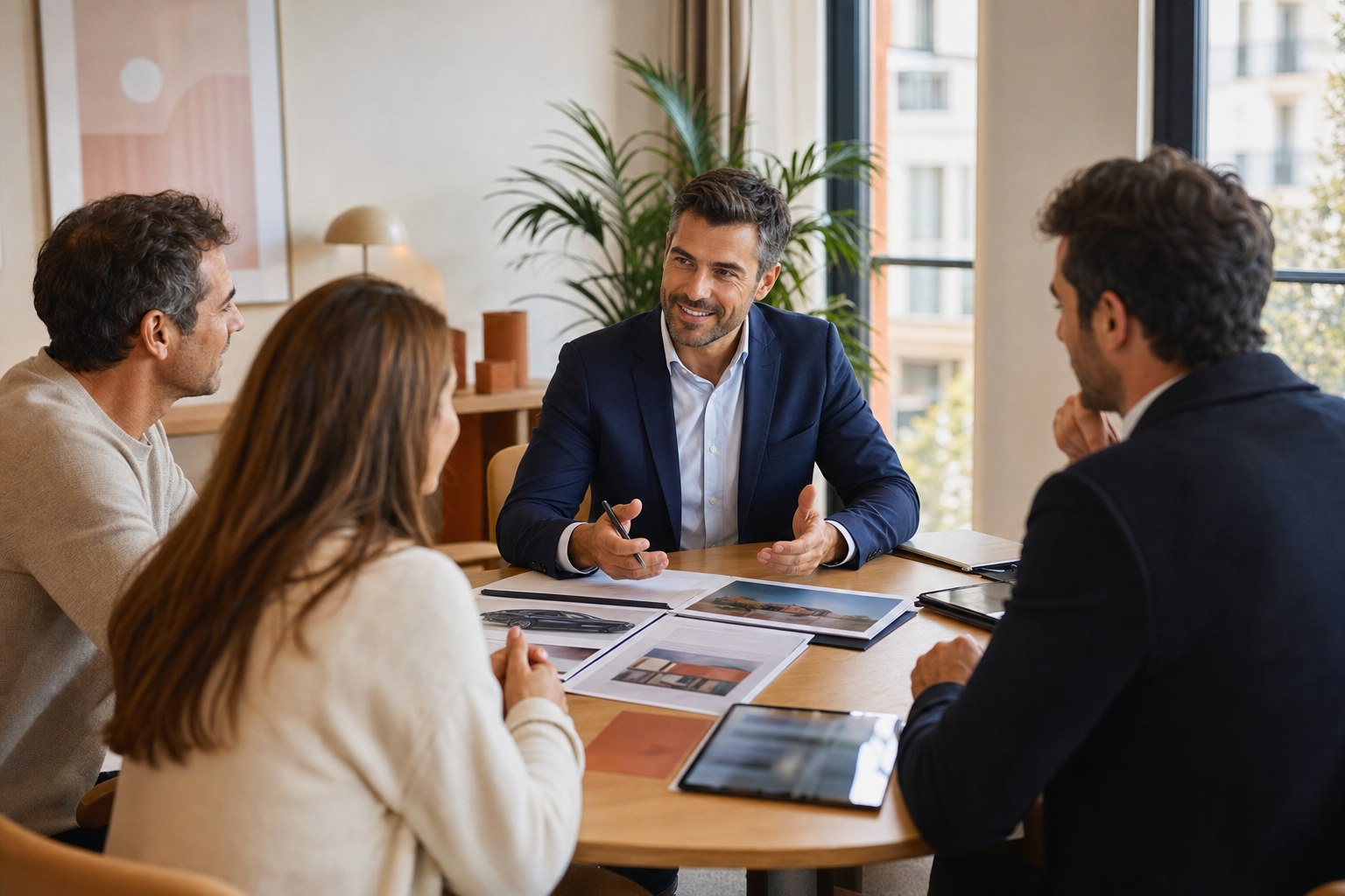 Conseiller en assurance et couple analysant un contrat dans un bureau lumineux à Montpellier.