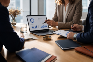 Professionnels analysant une offre d’assurance intégrée dans un bureau moderne.