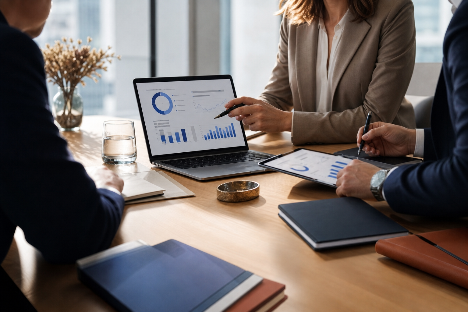 Professionnels analysant une offre d’assurance intégrée dans un bureau moderne.