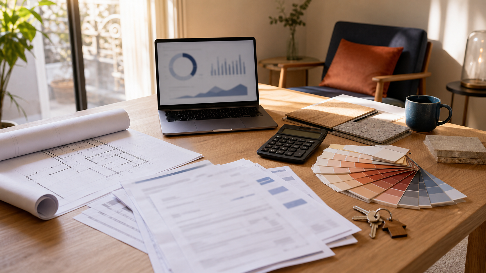 Dossier de crédit travaux avec devis, factures, calculatrice et plans de rénovation sur une table.