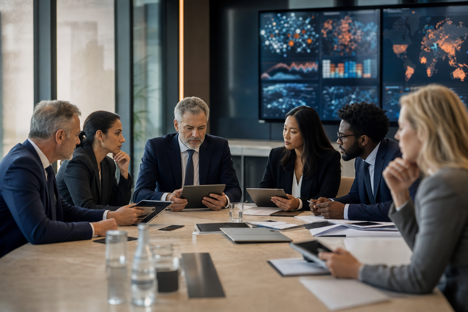 Professionnels de la conformité financière analysant des risques numériques en réunion.