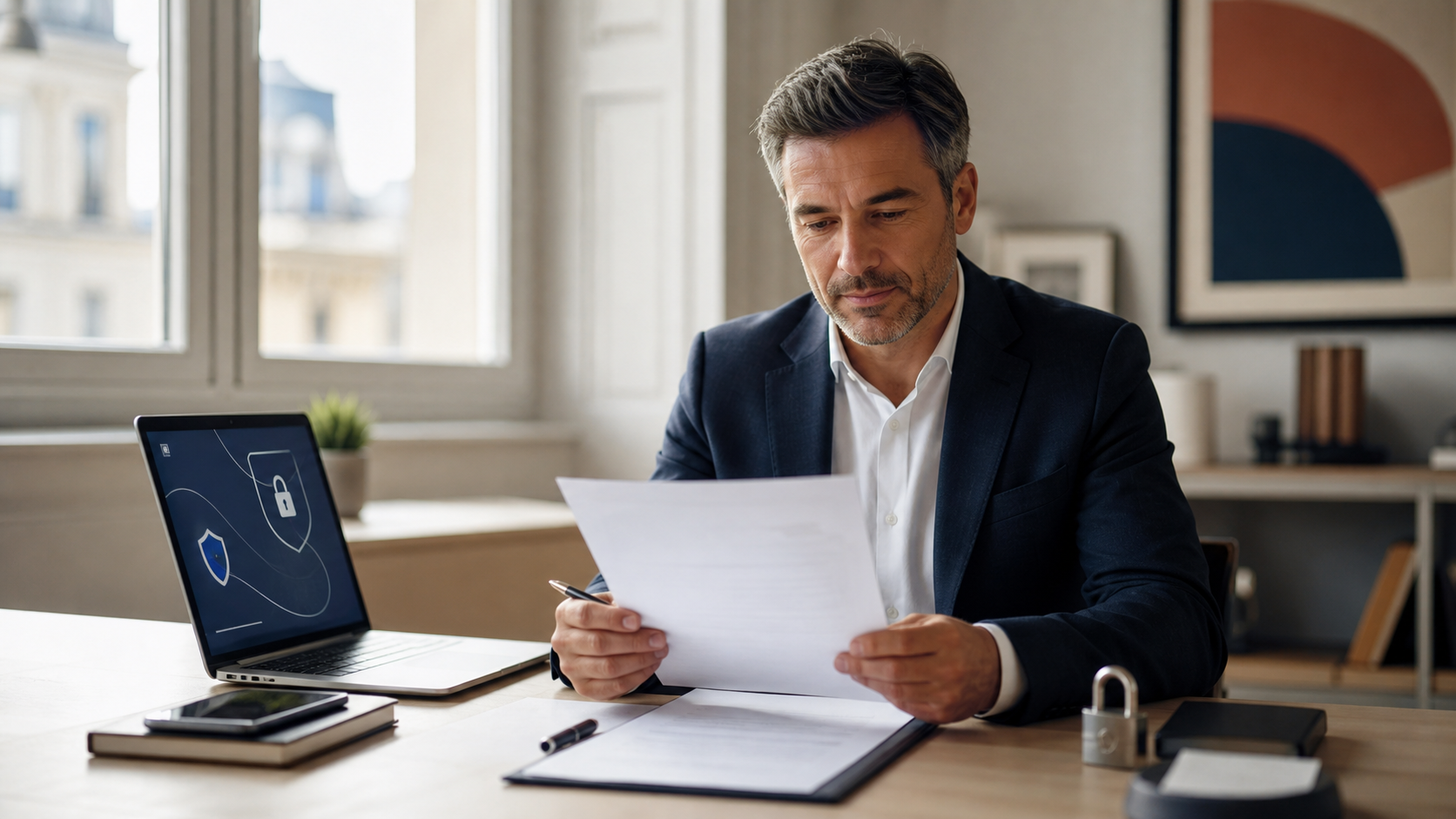 Dirigeant de petite entreprise examinant une cyberassurance avec des documents professionnels.
