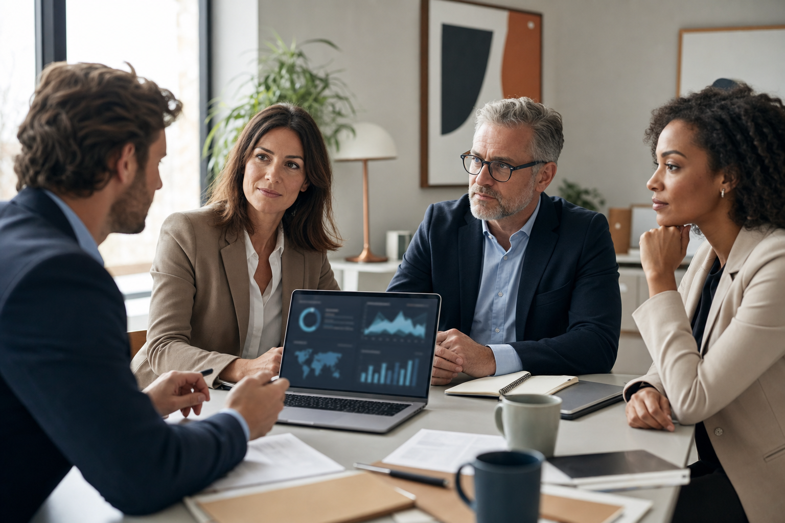 Professionnels de l’assurance analysant un risque cyber et un contrat de courtage dans un bureau lumineux.