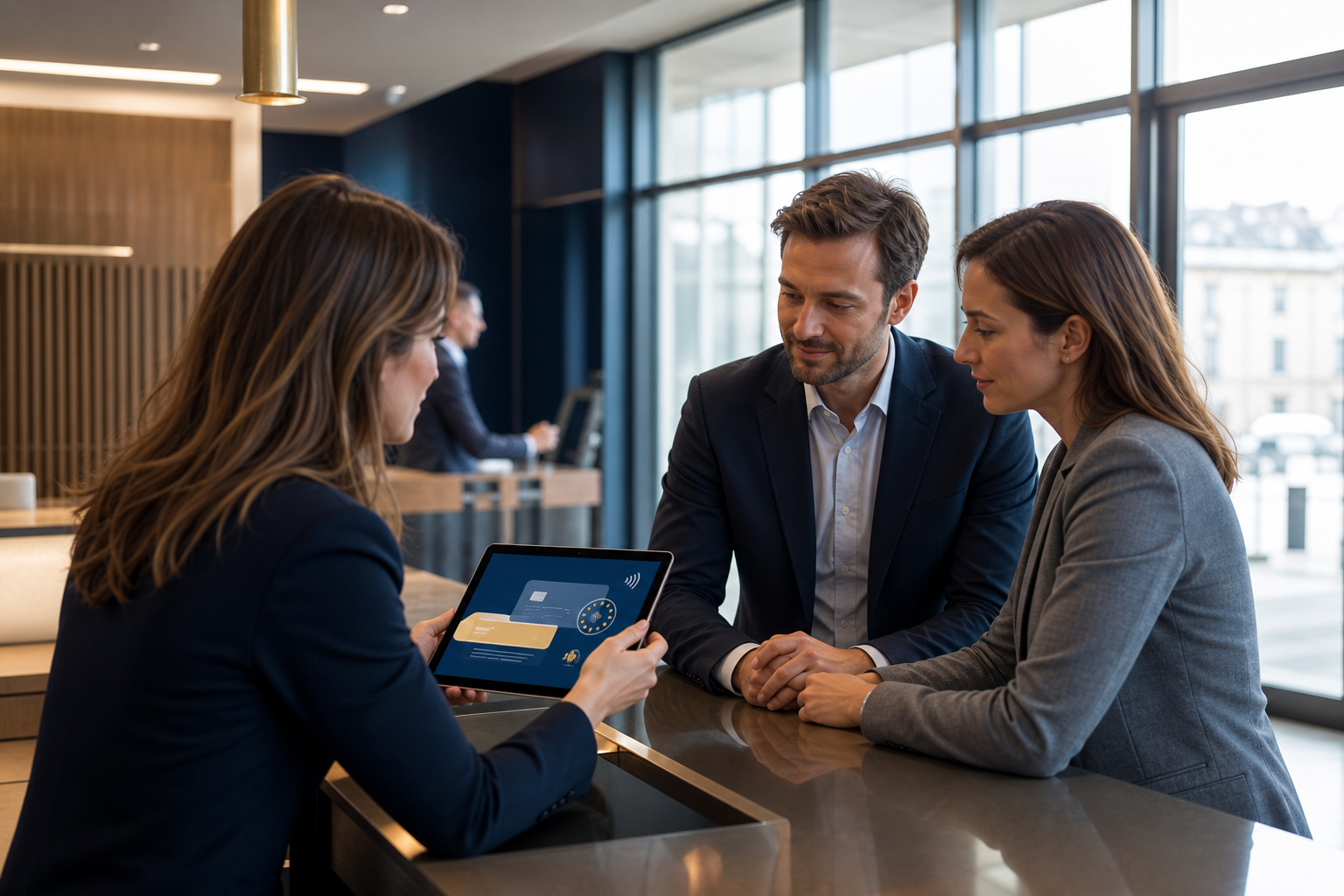 Professionnels de la finance consultant une interface de paiement numérique