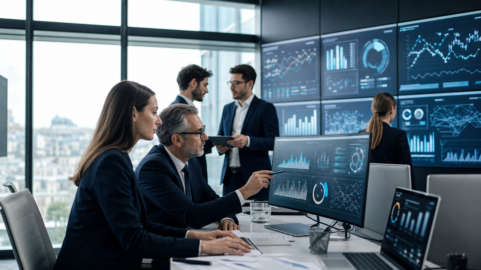 Professionnels de la finance analysant des données bancaires et de conformité