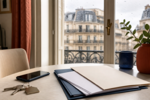 Appartement francilien lumineux avec dossier d’assurance habitation et météo pluvieuse en arrière-plan.