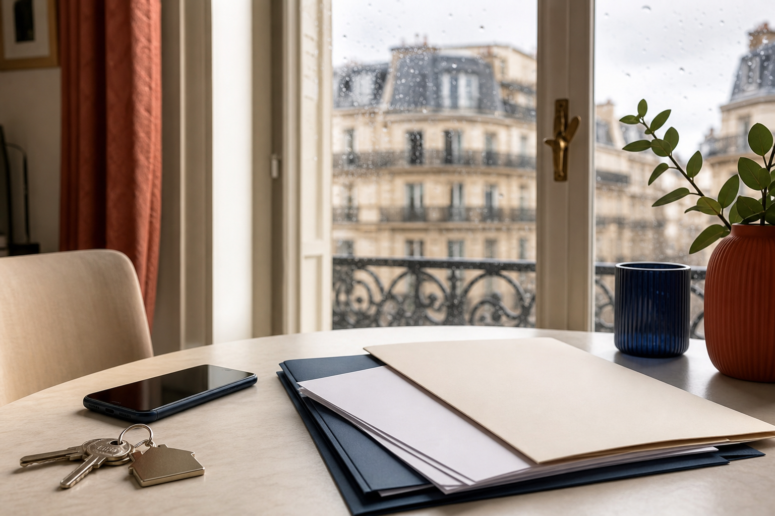 Appartement francilien lumineux avec dossier d’assurance habitation et météo pluvieuse en arrière-plan.