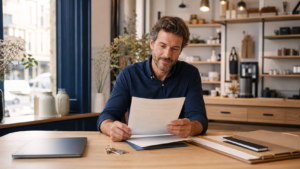 Propriétaire de local professionnel consultant un contrat d’assurance dans un commerce.