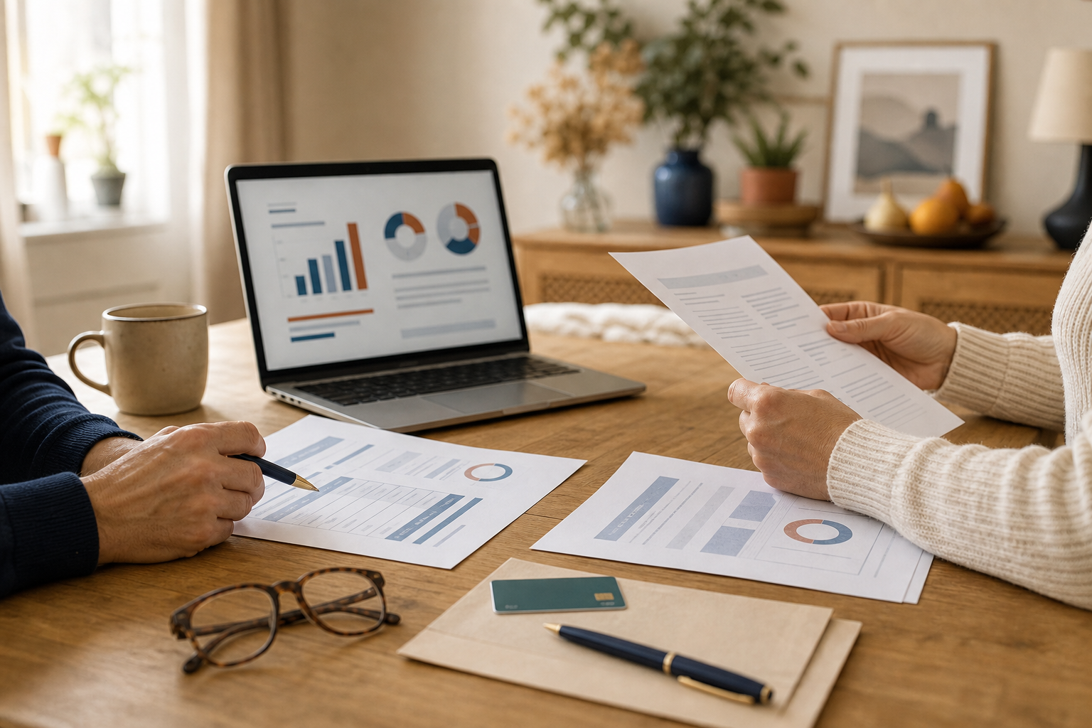 Famille consultant un contrat de mutuelle santé et son budget annuel