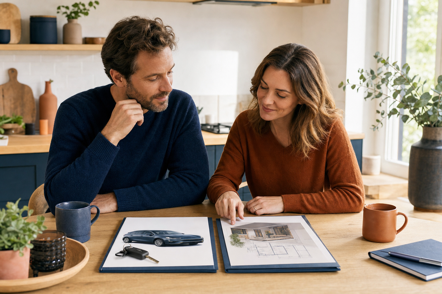 Couple comparant un financement auto ou travaux avec un conseiller, sans marque visible.