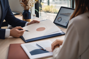 Conseiller bancaire analysant un dossier d’assurance vie dans un bureau lumineux, sans logo visible.