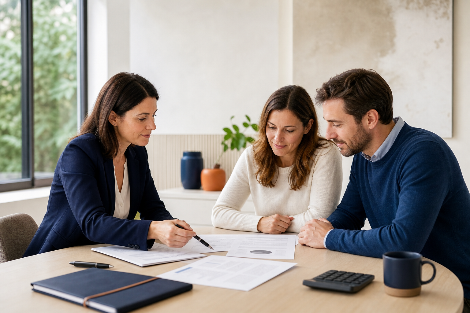 Couple consultant un dossier de crédit immobilier avec une conseillère.
