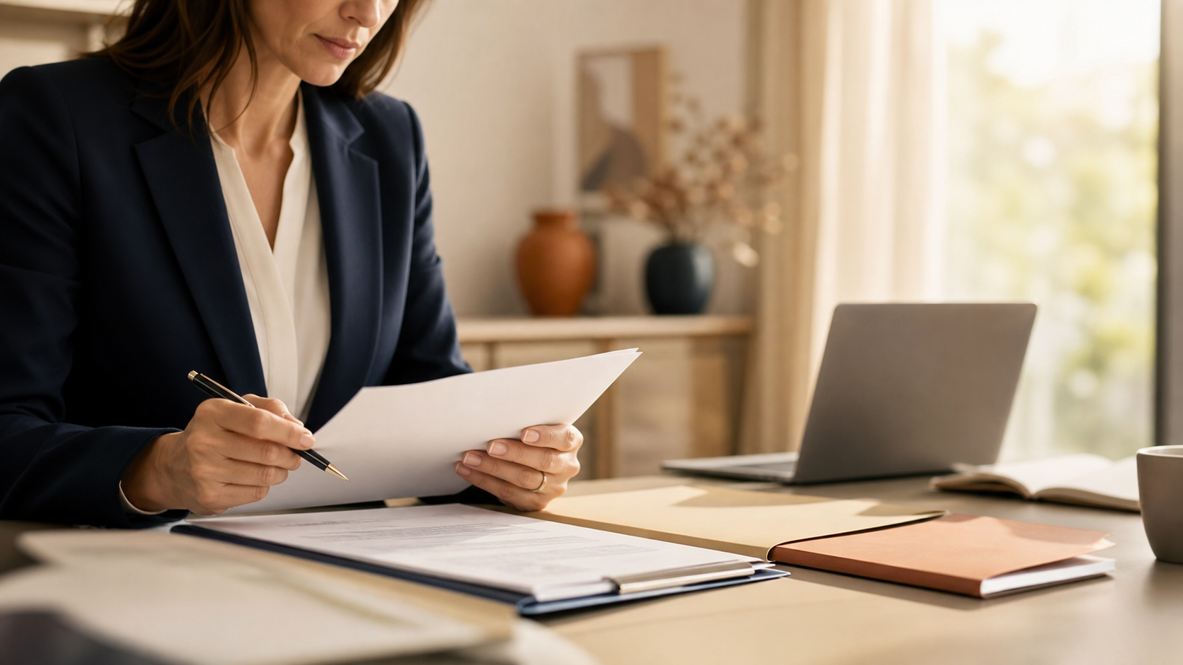 Une personne relit un contrat d’assurance et un dossier de sinistre avant déclaration.