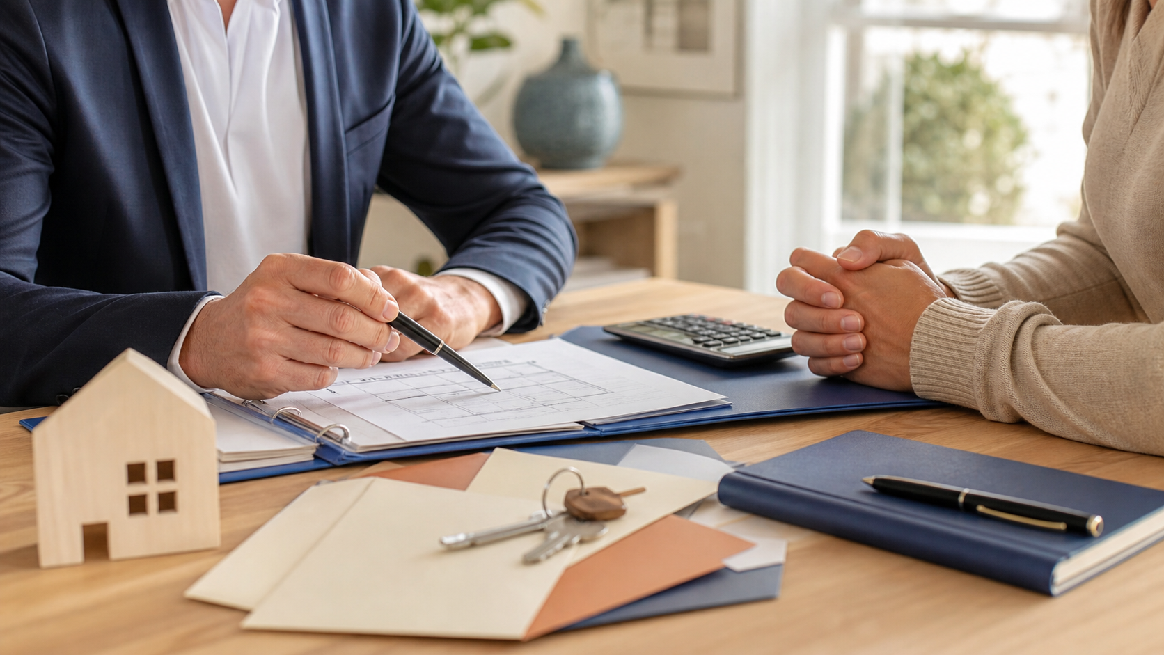 Dossier de crédit immobilier avec calculatrice et clés pour prévoir frais de notaire et garantie.