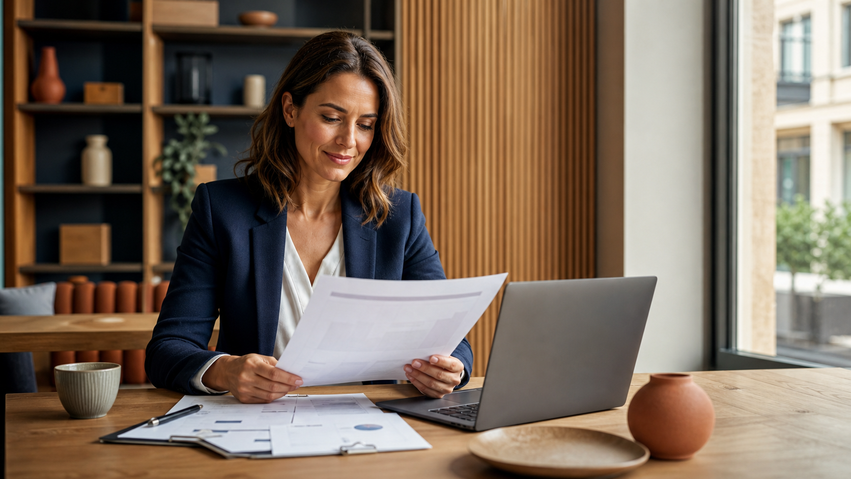 Dirigeant de petite entreprise consultant une garantie perte d’exploitation avec ses documents d’assurance