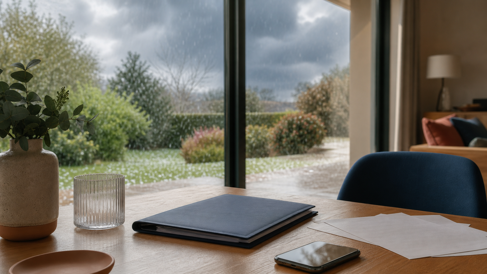 Dossier d’assurance habitation sur une table pendant un orage de grêle vu depuis une fenêtre.