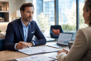 Courtier en assurance travaillant avec des outils numériques dans un bureau professionnel lumineux.