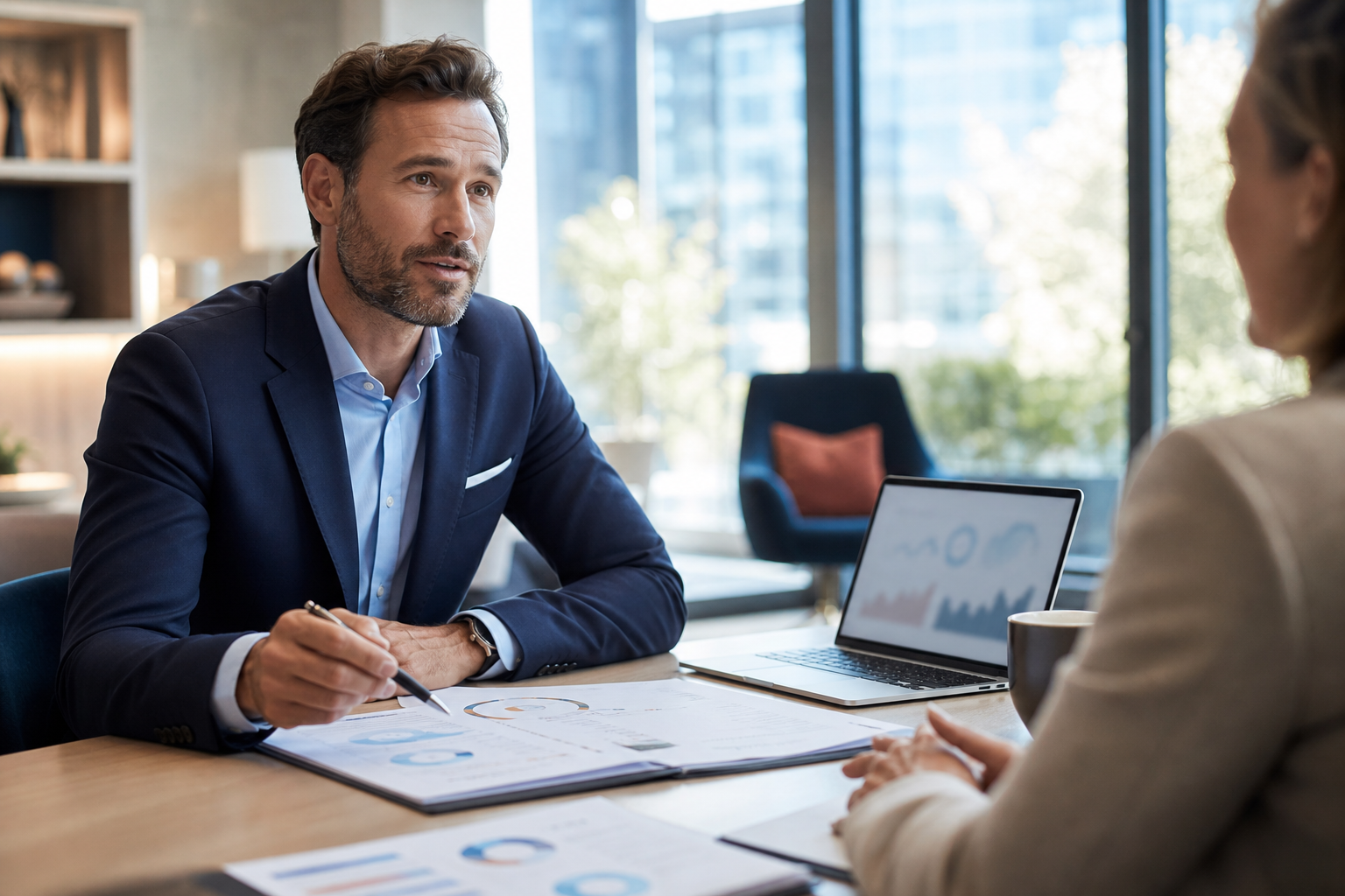 Courtier en assurance travaillant avec des outils numériques dans un bureau professionnel lumineux.