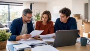 Famille consultant un dossier d’assurance habitation après une évacuation liée à un incendie.