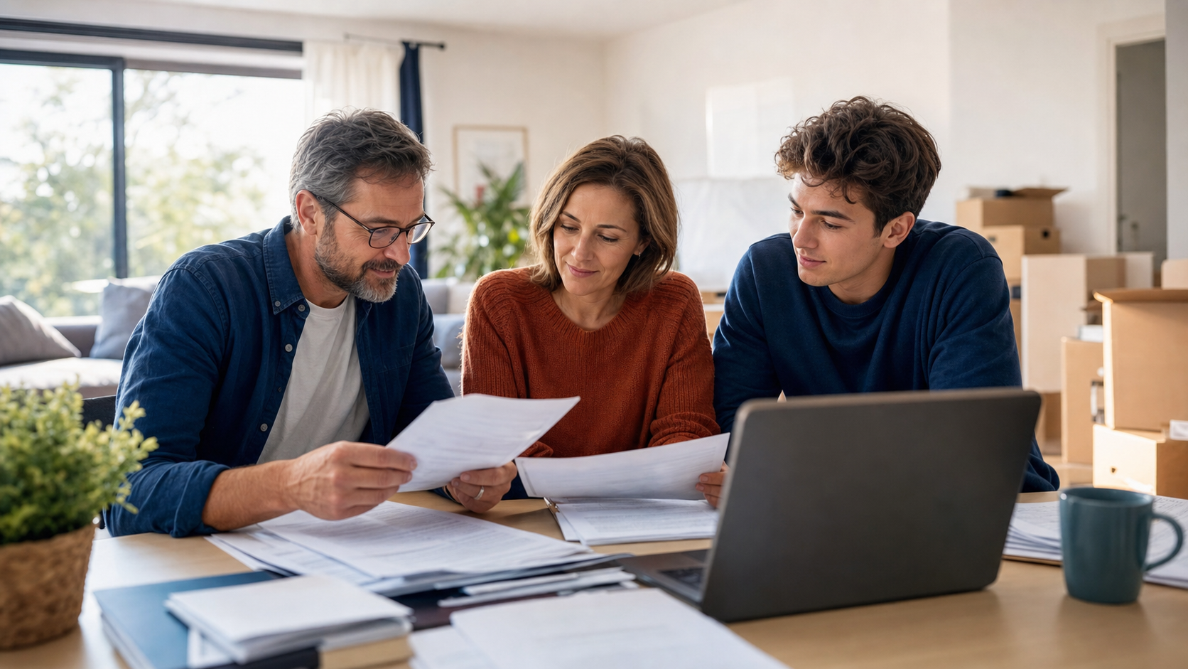 Famille consultant un dossier d’assurance habitation après une évacuation liée à un incendie.