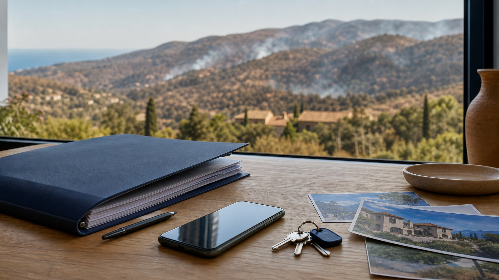 Maison protégée après un feu de végétation, dossier d’assurance habitation posé sur une table.