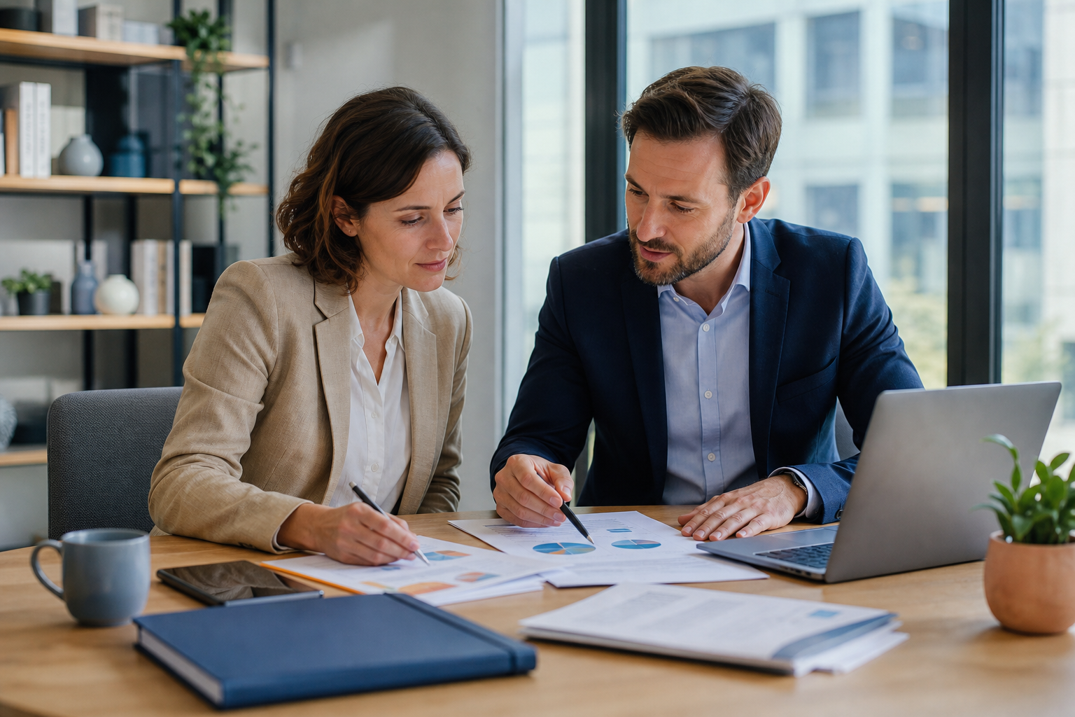 Indépendante et conseiller en assurance analysant des garanties professionnelles dans un bureau lumineux.